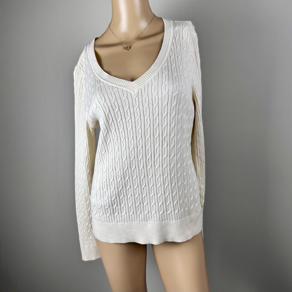 Talbots Petite Size Large 100% Pima Cotton Sweater Ivory V-Neck Lightweight‎